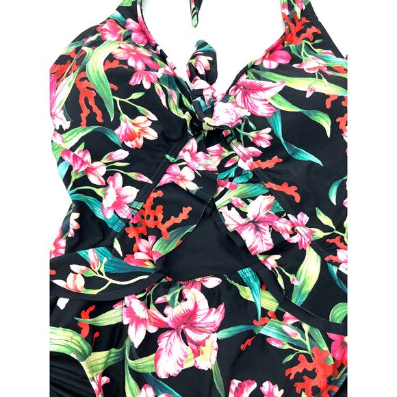 Carmen Marc Valvo Keyhole Ruffle One Piece Floral Black Floral Swimsuit 8 NWT - Picture 5 of 7